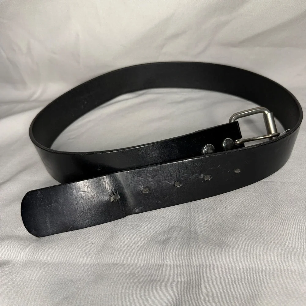 Vintage Hot Topic Mens Black Leather Belt 34 Silver Roller Buckle Punk Emo Goth